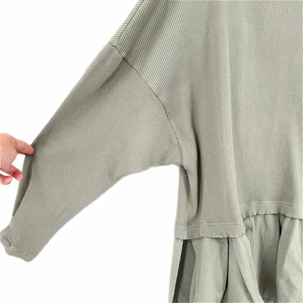 Free People Olive Green Ribbed Slouchy Flowy Hem Boho Chic Oversized Tunic Top